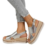 And Summer New Large-Size Hollow Fish Mouth Heel Sandals Women's Pine Cake Silver Bright Buckle Flat Women's