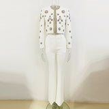 New Fashion Round Neck Heavy Industry Nail Beads Short Jacket Open Fork Trousers