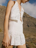 Metal Sequins Sleeveless Lace Up Top Sets Women Chic Ruffles Mini Skirt Suits Summer Female High Street Holiday Outifts 211-0-Outfit