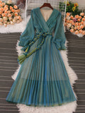 Autumn Women Mesh Pleated Long Dress Vintage Pink/Yellow/Brown V-Neck Flare Sleeve Draped Maxi Vestidos With Belt