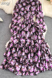 Women Pritned Long Dress Vintage Stand Collar Single Breasted Puff Sleeve High Waist A-Line Elegant Big Swing Maxi