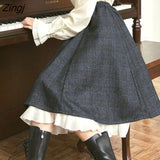 Lolita Long Skirt Women Autumn Korean Preppy Style High Waist Woolen Plaid Midi Skirt Elegant Ruffle A-line Mujer