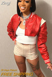 Women's Autumn Winter Short Baseball Coat Long Sleeve Button Contrast Color PU Leather Jacket Coats Y2K