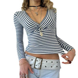 Zingj Hot Girl Wind Stripe Contrast Color Base Long-Sleeved T-Shirt V-Neck Slim Slim Thin Crop
