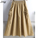 2023 Summer 100% Cotton Korean Fashion Drawstring Pocket Women Midi Long High Waist A Line Pleated Skirt