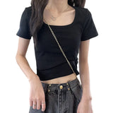 Zingj Short T-Shirt Female Solid Color 2024 New High Waist Slim Show Thin Hot Girl All-Match Short-Sleeved Square Collar Top