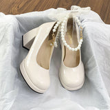 Pearl Fairy Wind Bow Thick-Soled Waterproof Table Mary Jane High Heel Women's Coarse Heel Single Shoes Bridesmaid