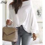 Women Fashion Casual Brief Slash Neck Long Sleeve Autumn Solid Blouse Tops Off Shoulder Lantern Sleeve Ribbed