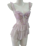 New Mesh Yarn Flower Sweet Embroidered Pyjamas With Chest Cushions Dyed Skinny Pyjamas