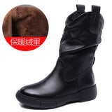 Boots Pile Boots Top Layer Of Kraft Mid-Sleet Boots Women Flat Bottom Soft Skin Autumn Winter Leather Martin Boots Horse Rider