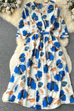 Women Vintage Printed Dress Elegant V-Neck Puff Sleeve High Waist A-Line Midi Robe Female Vacation Beach Vestidos