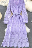 Autumn Red/Yellow/Purple/Blue Hollow Out Embroidered Long Dress Women Vintage V-Neck Puff Sleeve Party Maxi Vestidos