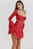Long Sleeve Lace Square Neck Mini Dress-Outfit