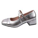 Retro Silver Single-Shoe Women's Coarse Heel 2025 Spring Square Head Light Word With Buckle College Style Mary Jane