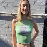 2024 Summer New Round Collar Collar Collar Printing Sleeveless Wood Ear Exposed Umbilical Women's Top