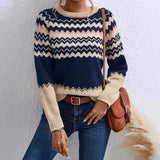 Women's Sweater Fashion Round-Neck Knitted Top Classic Striped Knitted
