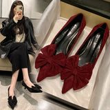 Heel Temperament Single-Shoe Women's Shoes Spring New Velvet Face Sweet Pointed Bow Bow Low Heel Shallow Women's