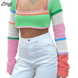 Women Summer Crop Tops Splicing Crochet Square Neck Long Sleeves Knitted T-shirt Tops 2023 Streetwear for Girls