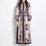 Retro Lantern Sleeve Single Buckle Positioning Print Dress Female Elegant Thin Temperament