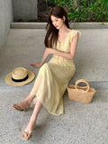 Xixi 2025 Summer New Korean Version Of High-Waisted Vacation Sleeveless Dress V-Neck Print Pure Desire Skirt
