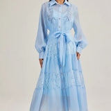2025 New French Court Style Single Buckle Heavy Industry Splicing Lace Long-Sleeved Dress With
