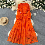 Retro Hollow Hook Lace Splicing Bow Strap With Waist Single Buckle Over Knee Dress New Autumn