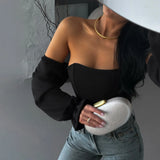 Sexy Hottie Body Fish Bone Bra Splicing Bubble Sleeve Niche Design Long-Sleeved