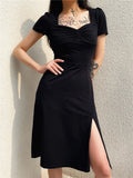 Square Neck Elegant Ruched Black Dress Side Split Short Sleeve Casual Dress Female Gothic Summer Dresses Sundress