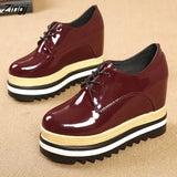 Women Shoes Patent Leather Lace Up Thick Heel Increased Flat Platform Oxford Shoes Woman Loafers Solid Black Casual