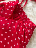 Women Polka Dot Chiffon Two Piece Set Vintage V-Neck Bandage Short Tops + High Waist Mermaid Skirt 2Pcs Suits New