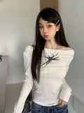 Word Shoulder Gray Print Long-Sleeved T-Shirt Women's Autumn Pure Hot Girl Chicly Bare Shoulder Bottom