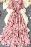 Bohemian Vacation Chiffon Long Dress Women Black/Blue/Pink/Beige Pleated Vestidos Female Ruffle Robe 2023 New