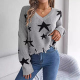 Autumn And Winter Casual V-Neck Star Cut Long-Sleeved Knitted Sweater Women's