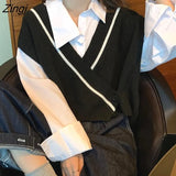 Vest Women Striped V-neck Sleeveless Sweaters Womens Daily Outwear Chic Simple All-match Korean Fashion Knitted