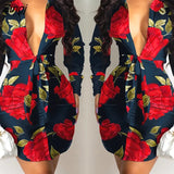 Elegant V Neck Long Sleeve Plunging Knot Tie Floral Print Shirt Dress Women Spring Autumn Workwear Mini Dress