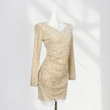 Zingj Lined Elegant French V Collar Sequin Wrapped Hip Skirt Slim Pleated Long Sleeve Skirt Gold Wind Velvet