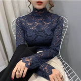 Zingj Color Lace Bottom Shirt Female Spring Versatile Half Turtleneck Small Shirt Jacket Hollow Out Sexy With Long Sleeve Bottom