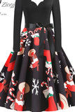 Women Winter Long Sleeve Vintage Christmas Dress Black Red Print V Neck Sexy Xmas Party Dress Robe 3XL Elegant