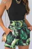 Summer Round Neck Sexy Tank Top and Tropical Print Shorts Set With Belt Two Piece Suit Sleeveless Tops Party Wear
