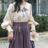 Winter Vintage Two Piece Set Women Lace Patchwork Elegant Party Skirt Suits Female Sweet Bow Ribbon Designer Korean Y2k
