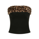 Of Sexy Folded Short Bra Vest Drawstring Low-Rise Shorts Leopard Hair Spliced Two
