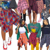 Women Plaid Print Irregular High Waist Knee Length Skirts 2023 Summer Holiday Streetwear Lace Up Waist