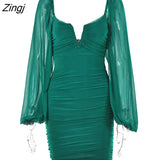Backless Pleated Dress Women New Year 2023 Elegant Casual Solid Double Layer Mesh Mini Evening Dresses Female