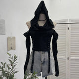 Shooting Doomsday Wasteland Wind To Make Old Worn Hooded Long-Sleeved T-Shirt Short High-Waisted Umbilly Top