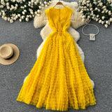 Famous French High-End Women V Lead Heavy Industry Folding Net Yarn Waist Fluffy Cake Dress