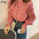 Womens Peter Pan Collar Puff Sleeve Plaid College Stylish Korean Style Sweet Students Casual Fashion Harajuku
