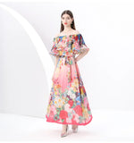 Wind Shoulder Lotus Leaf Side Bright Silk Print Dress Girl Spring Waist Temperament Big Chiffon Long
