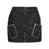 Spring New Personalized Super Large Metal Buckle Cross Retro Washing Pu Leather Skirt
