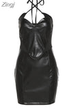Women Winter 2023 New Y2K PU Leather Patchwork Sweet Black Slip Skirt Halter Neck V-Neck Sexy&Hot Hem Slit A-Line