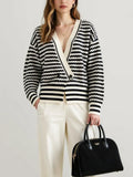East Autumn And Winter V-Neck Knitted Shirt Buckle Cardigan New Striped Hit-Colored Sweater